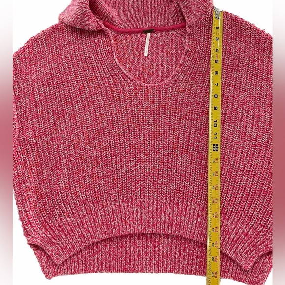 Free People Pink Collared Deep V Sweater L Marled Knit Pullover Boho Top - Picture 10 of 13